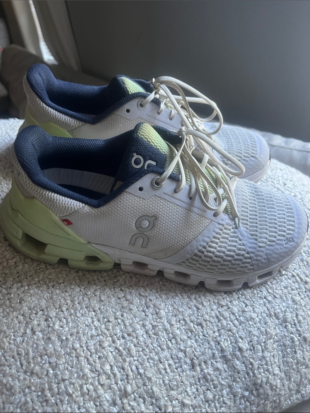 On Running Women's White Navy and Light Green Performance Sneakers